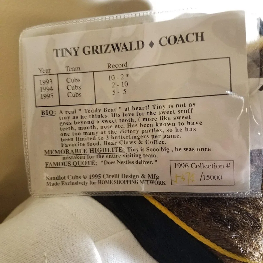 Sandlot Cubs Tiny Grizwald Baseball Coach Bear Plush Animal 20